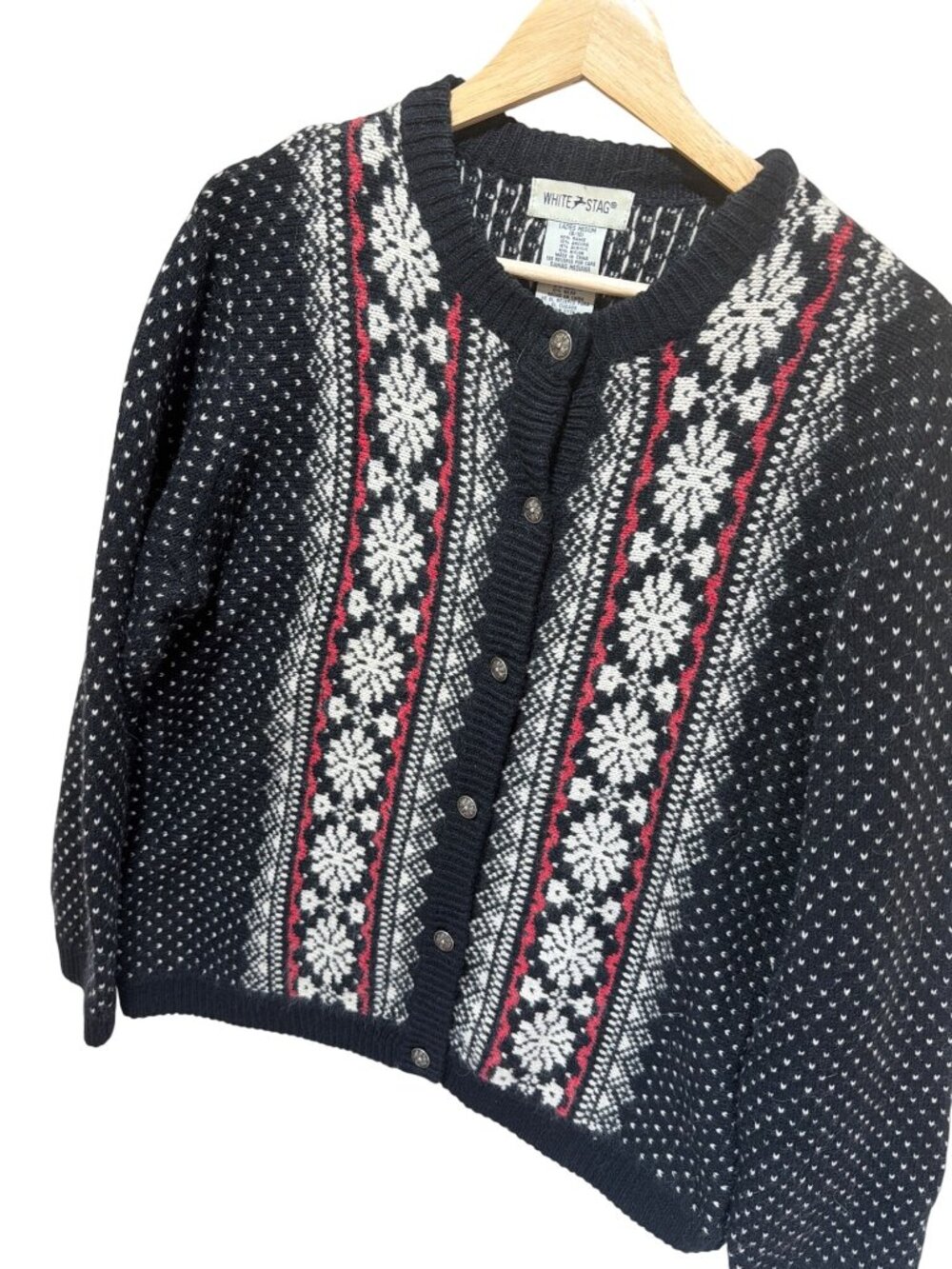 White Stag Vintage 90s Nordic Fair Isle Button-Up Cardigan Sweater Medium Black/